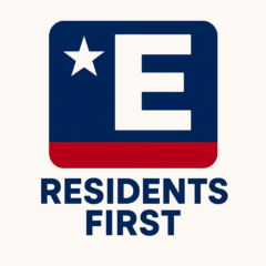 picture of E with a white star to the left with a blue background and red under E and the words Residents First