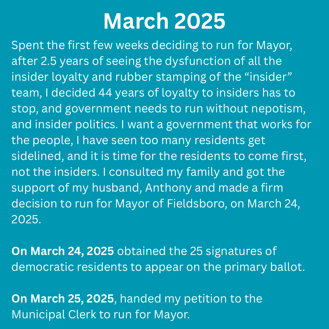 Text: in bluish green background: March 2025
Spent the first few weeks deciding to run for Mayor, after seeing all the insider loyalty and rubber stamping of the “insider” team, I decided 44 years of loyalty to insiders has to stop, and government needs to run without nepotism, and insider politics. I want a government that works for the people, I have seen too many residents get sidelined, and it is time for the residents to come first, not the insiders. I consulted my family and got the support of my husband, Anthony and made a firm decision to run for Mayor of Fieldsboro, on March 24, 2025.
On March 24, 2025 obtained the 25 signatures of democratic residents to appear on the primary ballot.
On March 25, 2025, handed my petition to the Municipal Clerk to run for Mayor.